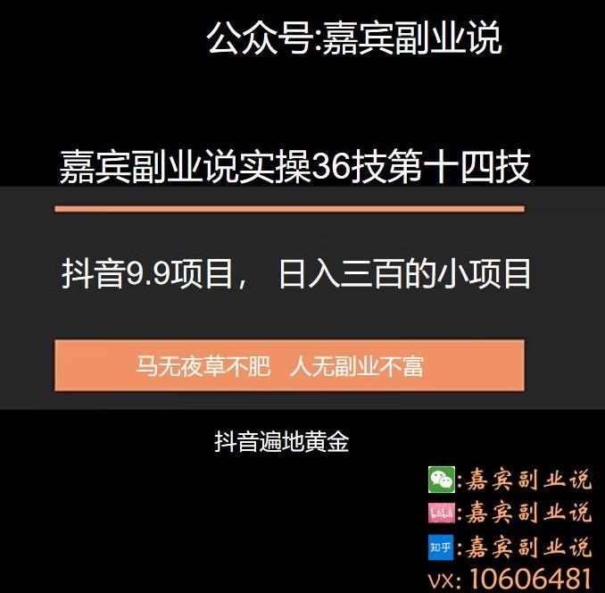 嘉宾副业说实操36技第十四技:抖音9.9项目,日入三百的小项目