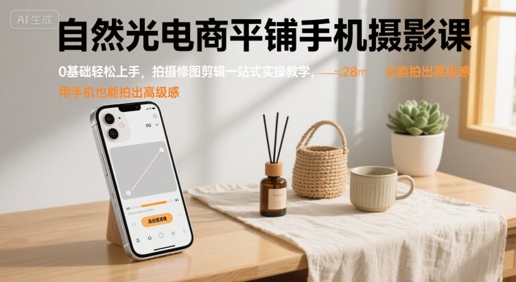 柔妈自然光电商平铺手机摄影课,0基础轻松上手,拍摄修图剪辑一站式实操教学,用手机也能拍出高级感